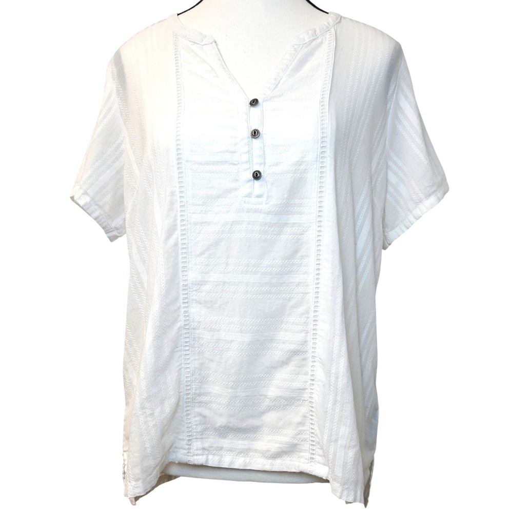 Kuhl Henley Blouse Womens Large White Embroidered Short Sleeve Top Boho Coastal